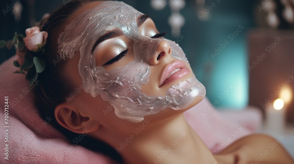Woman in mask on face in spa beauty salon Woman in mask on face in spa beauty salon