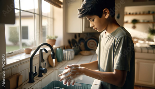 Young Hispanic boy teenager washing dishes at home. Helping out with household chores can boost self-esteem, teach responsibility, and help your child feel like he's part of the home