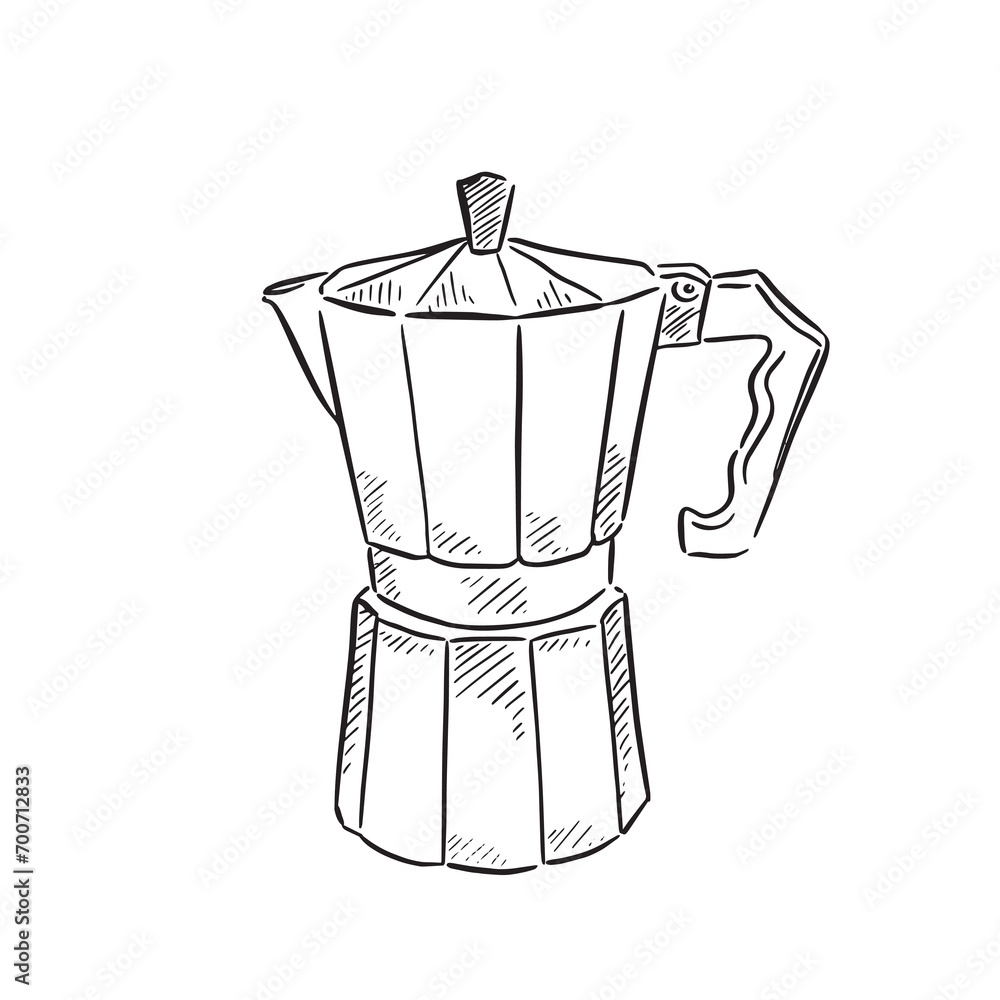 A line drawn illustration of a metal coffee kettle, A black and white hand drawn illustration in a sketchy style, digitised and vectorised for a wide range of uses. A line drawn illustration of a metal coffee kettle, A black and white hand drawn illustration in a sketchy style, digitised and vectorised for a wide range of uses.