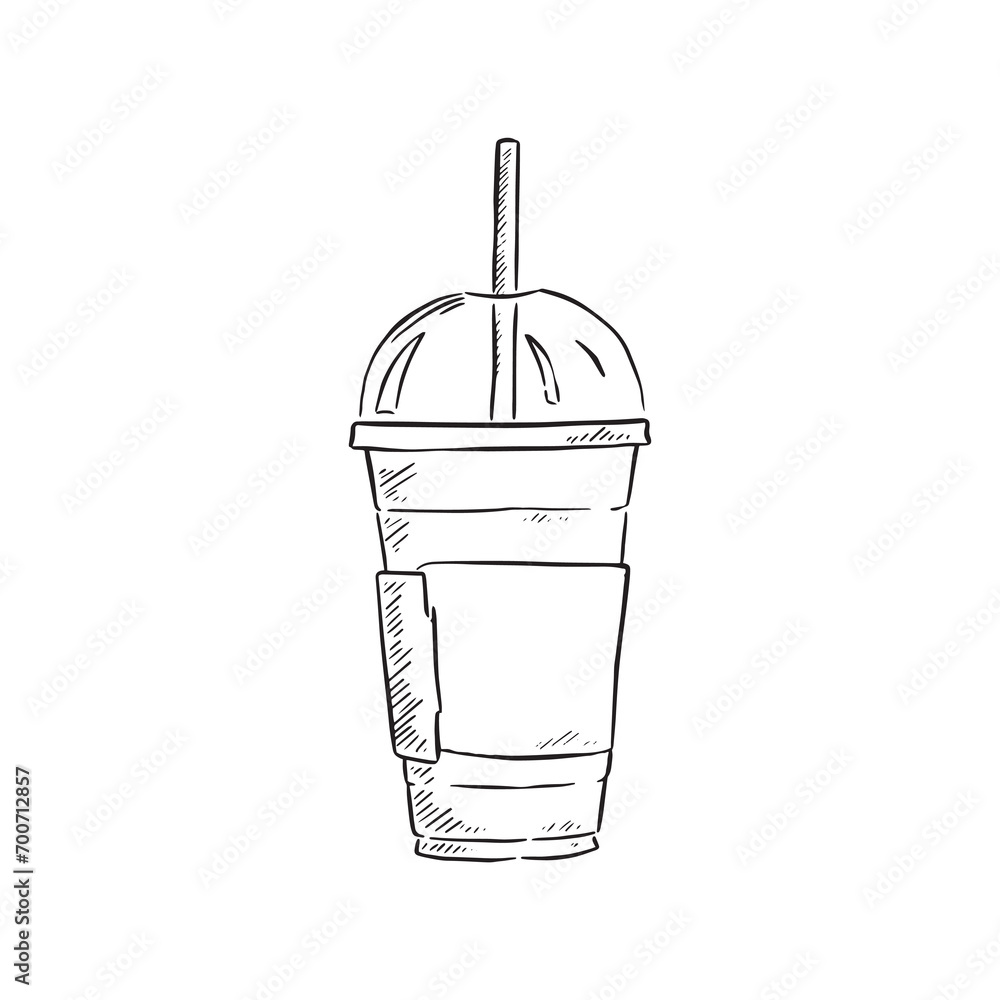 A line drawn illustration of a plastic disposable coffee cup, suitable for cold coffee shop drinks such as smoothies, iced coffee and iced tea. Drawn by hand in a sketchy style and vectorised.