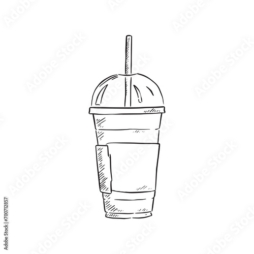 A line drawn illustration of a plastic disposable coffee cup, suitable for cold coffee shop drinks such as smoothies, iced coffee and iced tea. Drawn by hand in a sketchy style and vectorised.