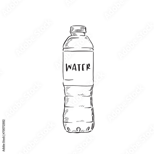 A line drawn illustration of a plastic water bottle with the word 'water' on the label. Hand drawn and vectorised for a wide range of uses. Sketchy hand drawn style.  photo