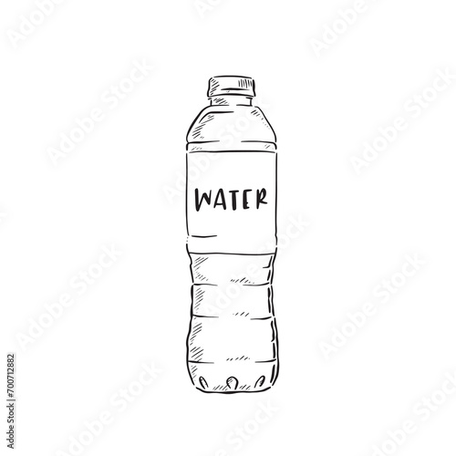 A line drawn illustration of a plastic water bottle with the word 'water' on the label. Hand drawn and vectorised for a wide range of uses. Sketchy hand drawn style. 