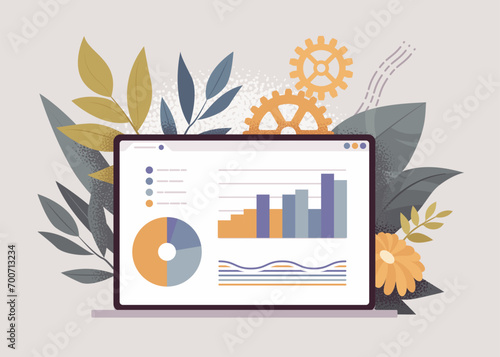 Laptop screen, pie chart statistics representation, financial graphs display. Computer program page presenting data visualization for reporting. Vector illustration, botanical leaf, gear background photo