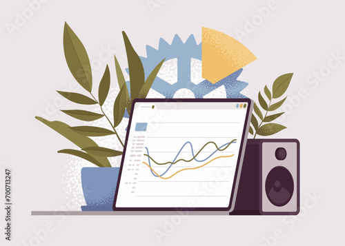 Laptop screen, line data graphical representation, financial graphs display. Computer program page presenting, monitoring budget, expense. Vector illustration, botanical leaf, music column background