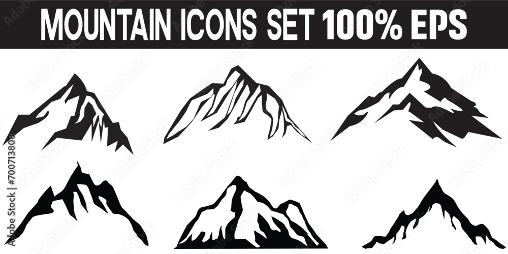 Mountain silhouette set. Rocky mountains icon or logo collection. hill landscape Logo vector. Outdoor travel icon, isolated on white background.