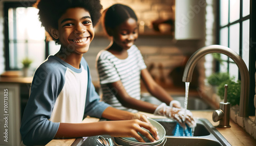 African American Brother washing dishes and sister drying dishes in the kitchen.Children who do chores have higher self-esteem, are more responsible, and are better able to deal with frustration. photo