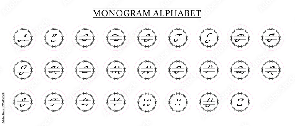 Family Monogram Letter A-Z, Set of Split Alphabet for Monogram. Monogram Alphabet. Vector Illustration for Wedding Invitation. Set of Initials with Decorative Plant Frame and Text Space 
