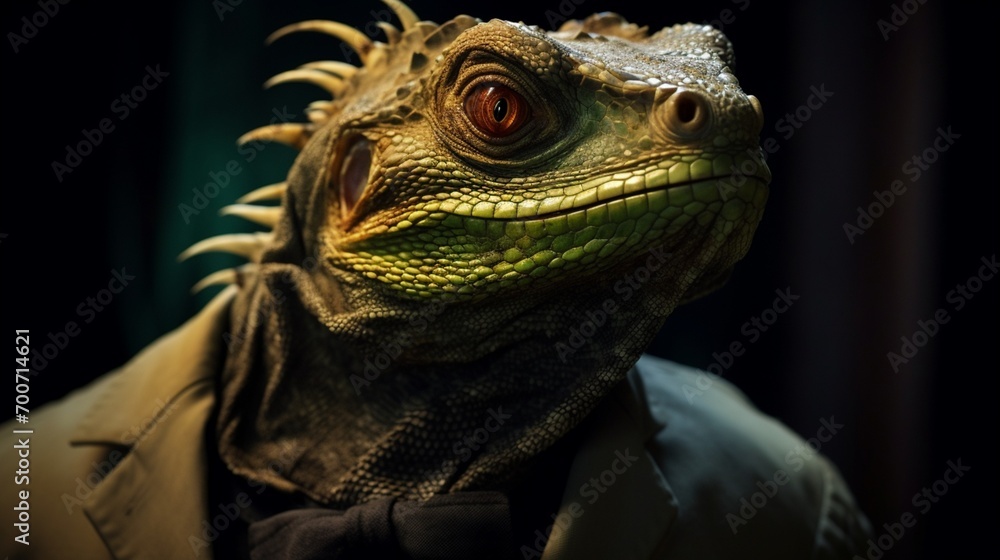 Sophisticated black iguana with a monocle green eyes.Generative AI