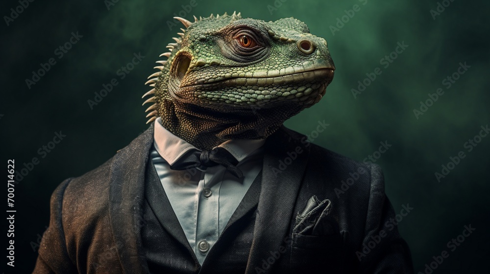 Sophisticated black iguana with a monocle green eyes.Generative AI