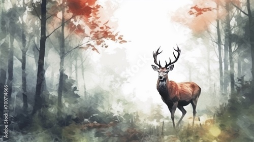 Watercolor deer in the forest.Beautiful illustration.Generative AI