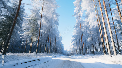 Peaceful winter drive road, trees heavy with snow, clear blue skies © Top AI images