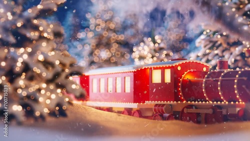 3D Animated Scene Of White Snow Covered Train Runs Across Forest While Christmas Trees, Snow Covered Tree, and Fireworks New Year Celebration