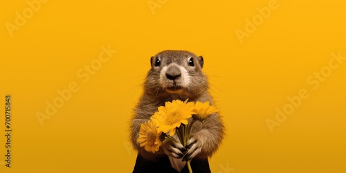 A groundhog holding a bunch of yellow flowers