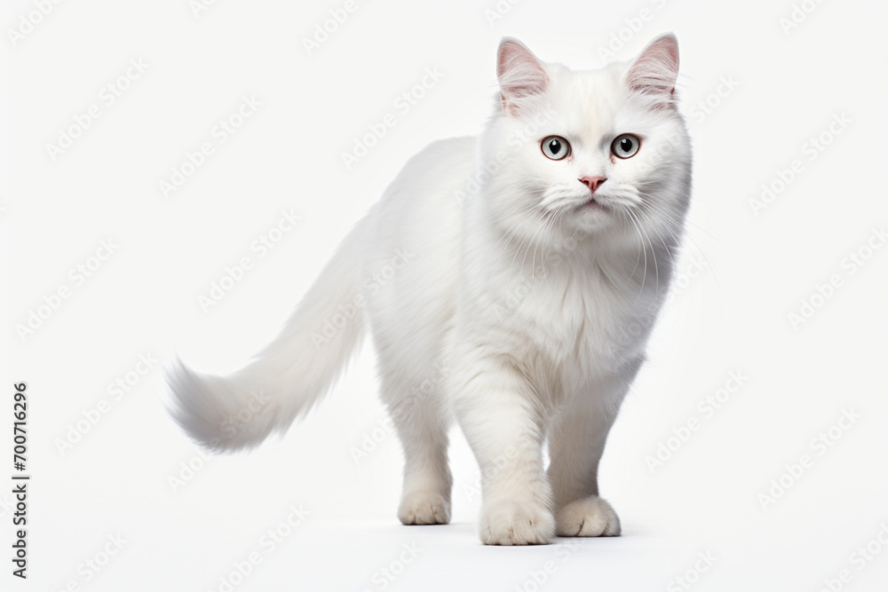 White Cat standing on a white background. Animal front-right portrait. White Cat standing on a white background. Animal front-right portrait.