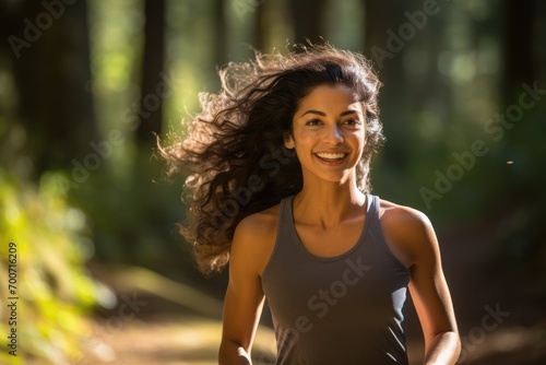 A woman running in the woods with her hair blowing in the wind