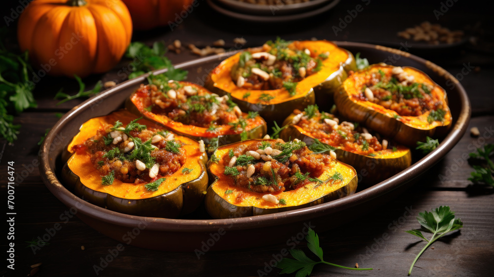 mini pumpkins stuffed with stew meat and brown rice on vintage cutting board