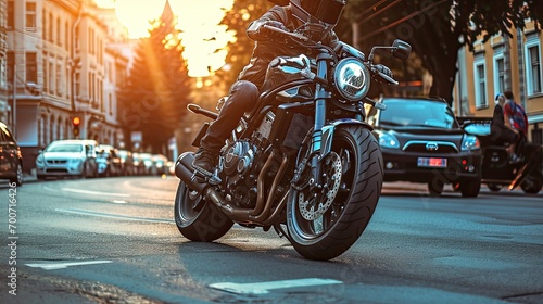 The motorcyclist embarks on daring urban adventures, conquering the streets with skill and precision.