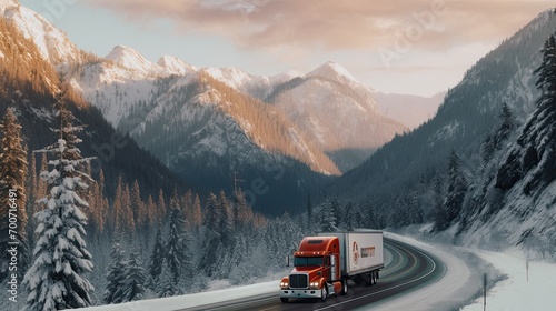 Truck driving on the winter asphalt road in rural landscape with dark clouds. Delivery of goods and mail. Road freight transportation as a key moment in the development of the economy.