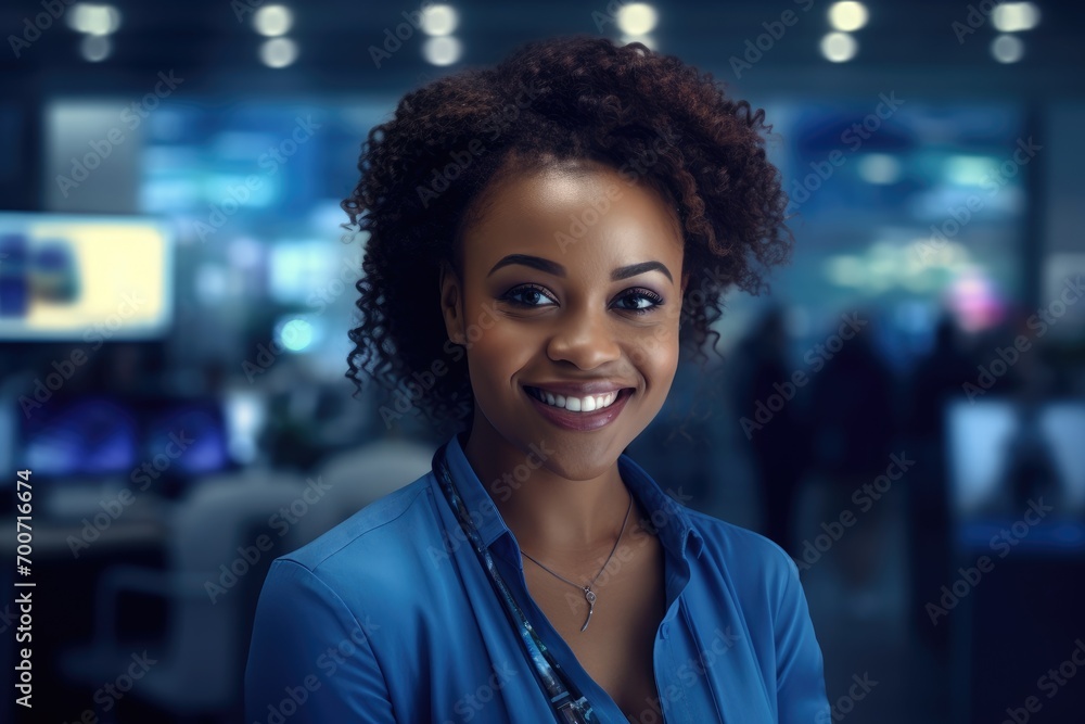 Obraz premium A smiling woman in a blue shirt