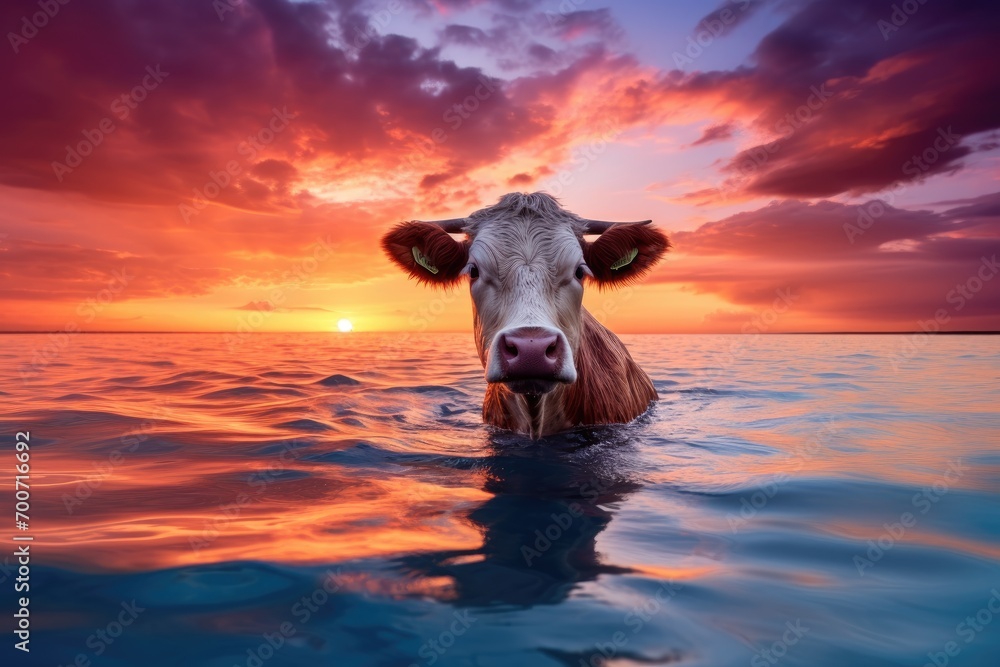 A cow standing in the middle of a body of water