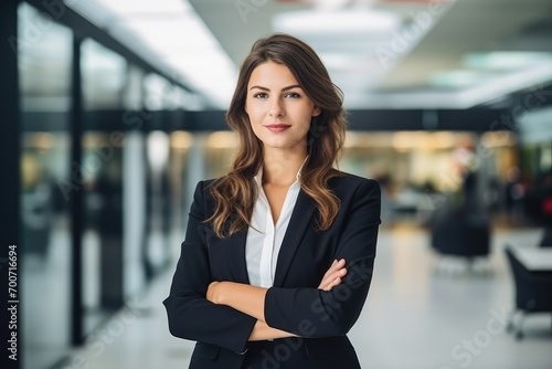 A woman in a business suit standing with her arms crossed