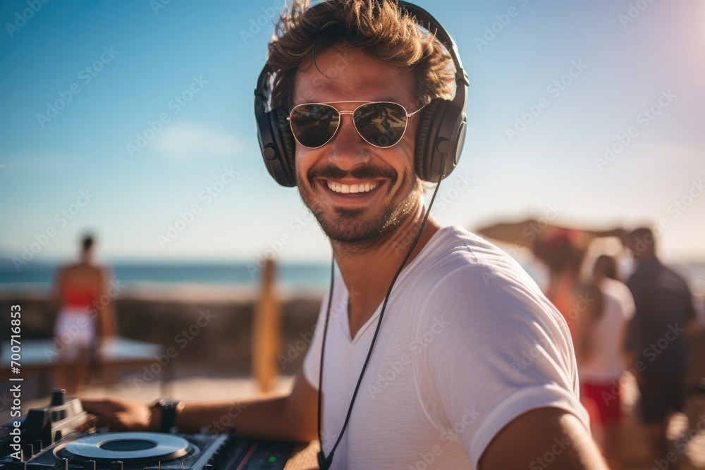 Fototapeta premium A man wearing headphones and a white shirt