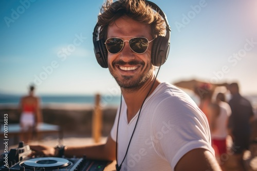 A man wearing headphones and a white shirt © pham