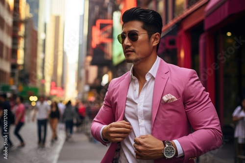 A man wearing a pink suit and sunglasses