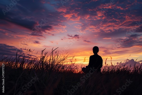 Silhouette of a person meditating in a field at sunset, embodying peace, mindfulness, and the beauty of the natural world.

