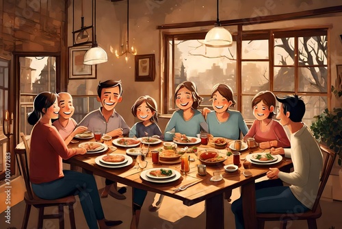 A family having a cozy dinner together, sharing stories and laughter around the table.