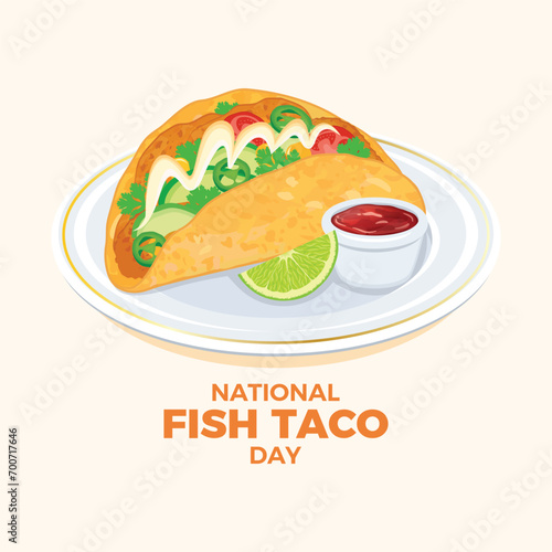National Fish Taco Day poster vector illustration. Mexican Taco food with fried fish and vegetables icon vector. Taco on a plate with salsa sauce and lime drawing. January 25. Important day