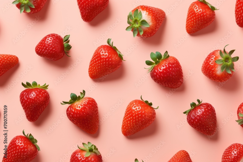A group of strawberries on a pink background - obrazy, fototapety, plakaty 
