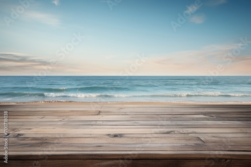 A wooden deck with a view of the ocean