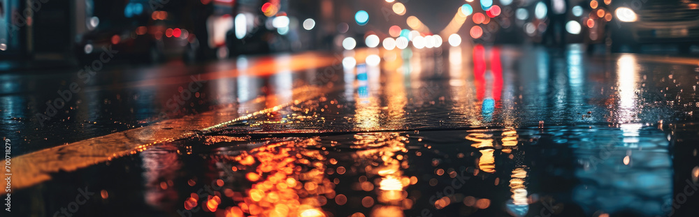 night of the street light with rain on a street full of lights - obrazy, fototapety, plakaty 