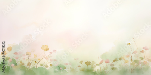 Gentle close-up of spring flowers in meadow. Delicate pastel colored blooms for seasonal greetings  invites. Pale green and light pink grass. Card  banner.
