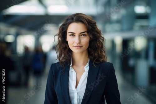 A woman in a business suit standing in a hallway