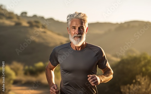 A man with a white beard running on a dirt road photo