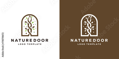 Creative Nature Door Logo. Doorway Tree Leaves with Minimalist Style. Window and Natural Leaves Icon Symbol Vector Design Template.