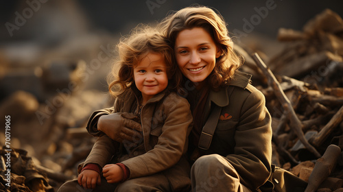 young soldier lady enjoying herself with her daughter in war