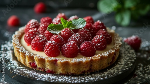 An elegant raspberry tart with a buttery crust and a layer of sweet cream  adorned with a crown of fresh raspberries for a delightful dessert presentation.  Raspberries