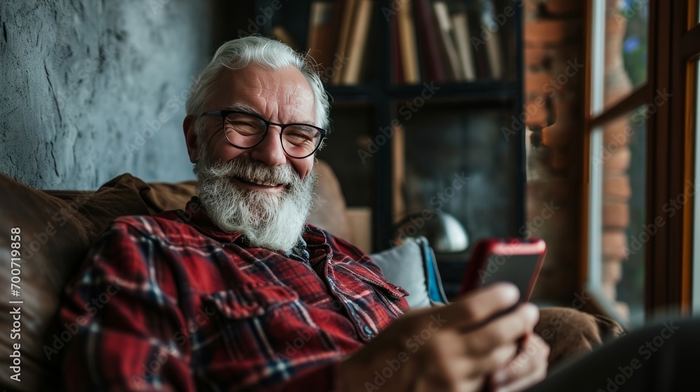 Senior smiling man with beard and white hair sitting comfortably at home on armchair using mobile phone Senior smiling man with beard and white hair sitting comfortably at home on armchair using mobile phone