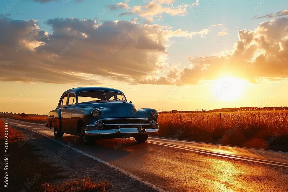 A vintage car driving into the sunset.
