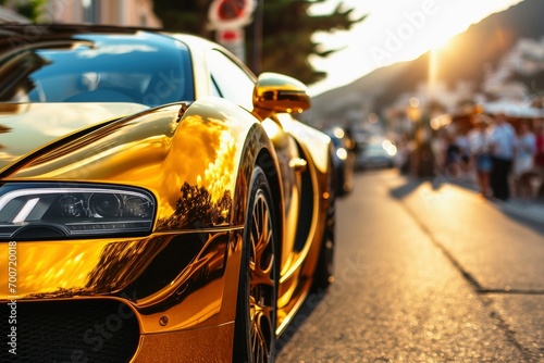 An expensive fast car with a golden paint finish.