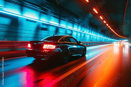 A fast driving car in a tunnel with neon lights.