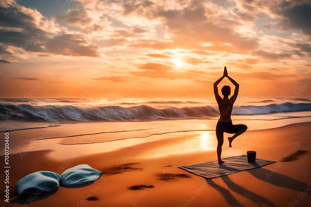 A person practicing yoga on a serene beach at sunset, surrounded by calming waves.