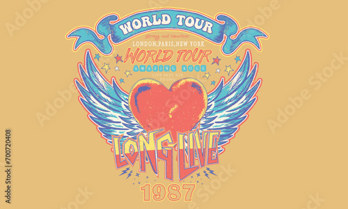 Music world tour. Eagle vintage vector t shirt design. Rock and roll with wing logo artwork for apparel and others. Heart music poster design.