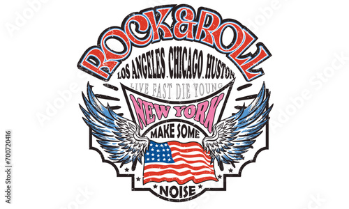 Los Angeles, Chicago, Huston and New York rock tour. Music world tour. Eagle vintage vector t shirt design. Rock and roll with wing logo artwork for apparel and others. USA flag poster design.
