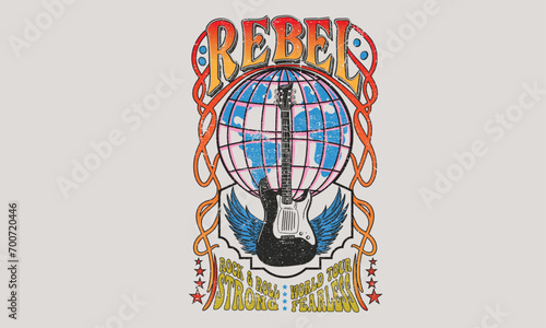 Music world tour. Eagle wing and guitar vintage vector t shirt design. Rock and roll  logo artwork for apparel and others. Rebel rock poster design. Rock star. World map.