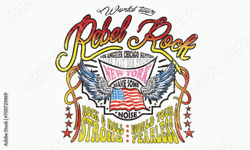 Rock and roll with wing logo artwork for apparel and others. USA flag poster design. Los Angeles, Chicago, Huston and New York rock tour. Music world tour. Eagle vintage vector t shirt design.